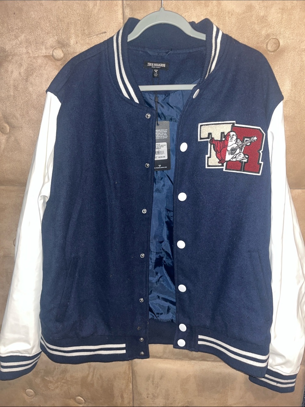 True Religion Navy and White Varsity Bomber with Crest Patch